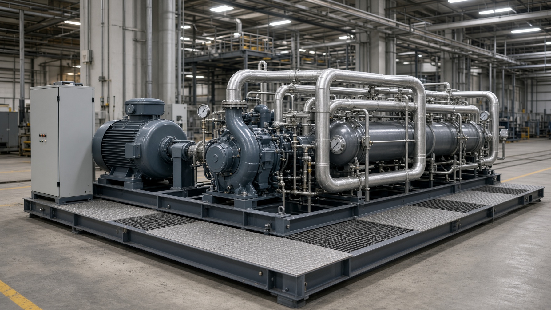 Industrial heat-pump skid on a plant foundation