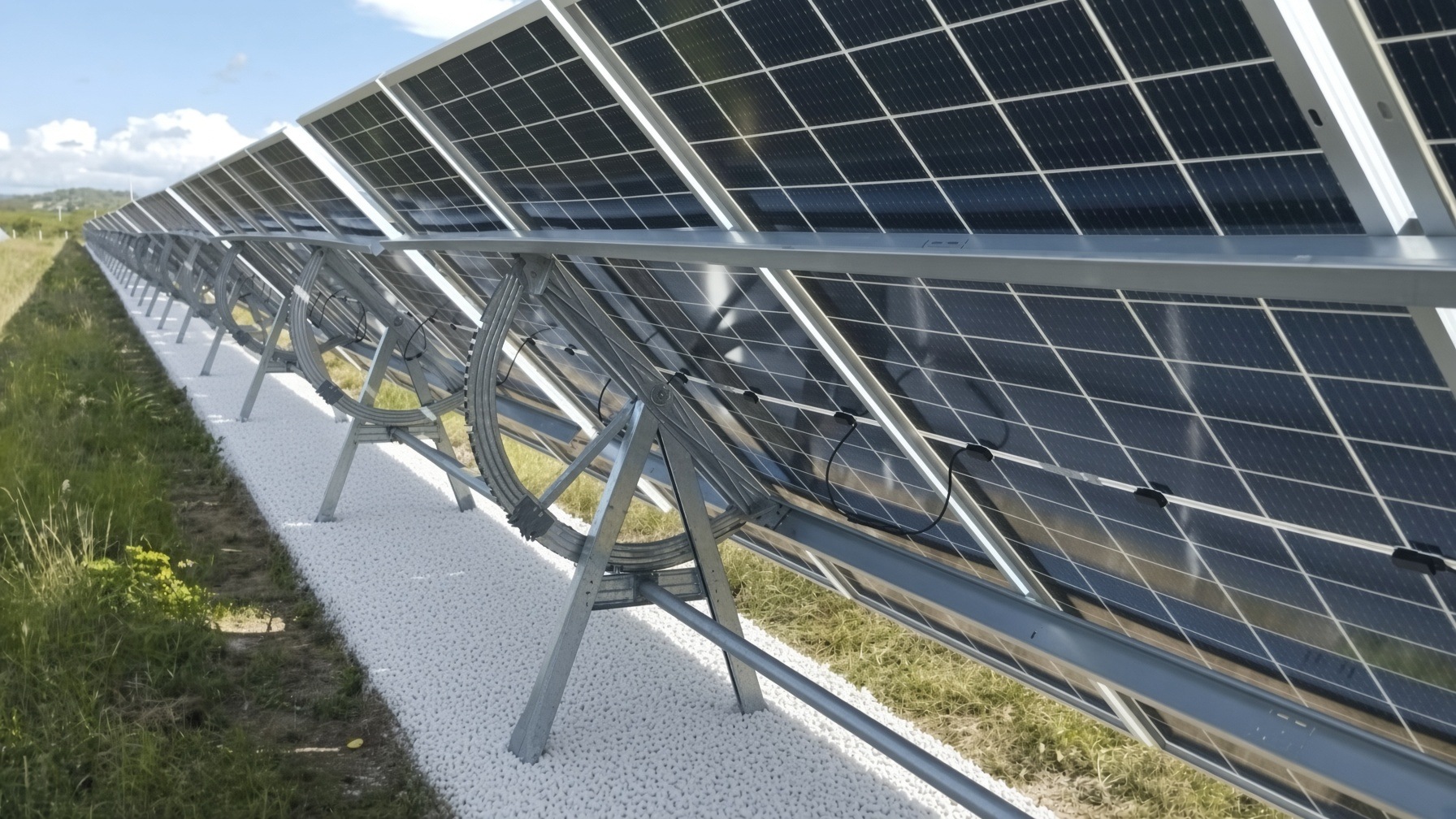 Bifacial A-frame trackers on a reflective GCCM foundation